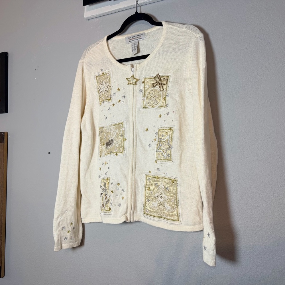 Vintage Embellished Christmas Sweater Size Large Full Zip Cream Gold Holiday